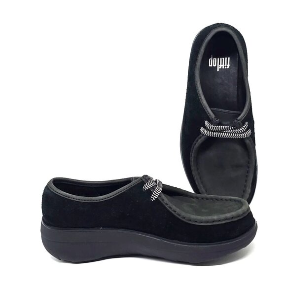 Fitflop Loaff Black Suede Lace-Up Moccasins Shoes Women's Size 6 - Picture 1 of 12